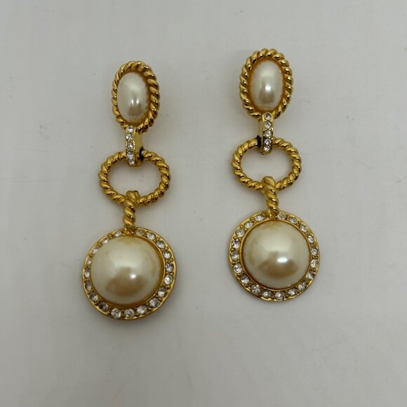 Gold-Tone Dangling Earrings With Faux Pearls & Rhinestone Accents - 2.75 Inch Le - Picture 2 of 14